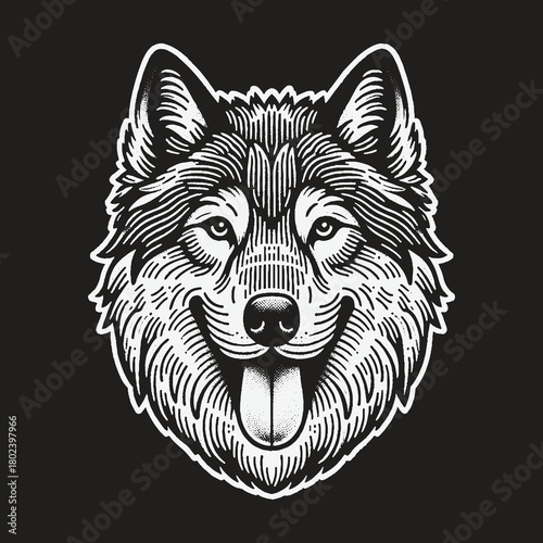 Happy Wolf Head Engraving Style Vector Illustration.