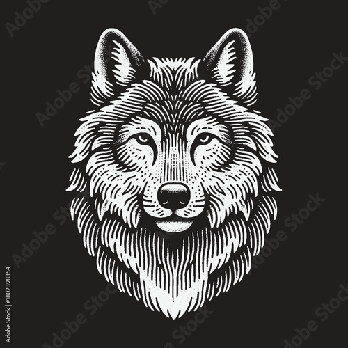 Monochrome Wolf Head Engraving Style Illustration on Black Background.