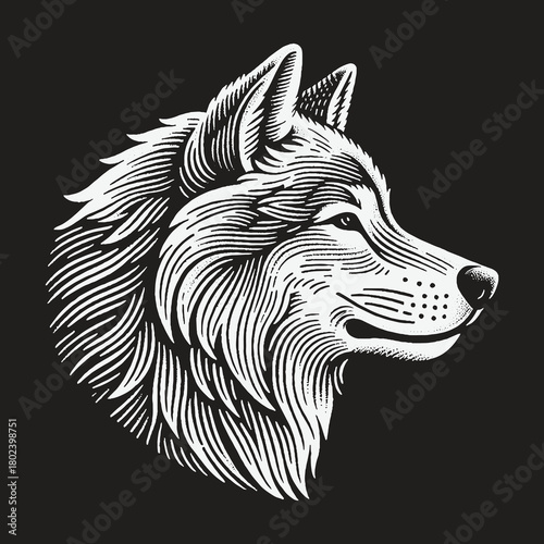 Black and white engraved wolf head profile illustration.