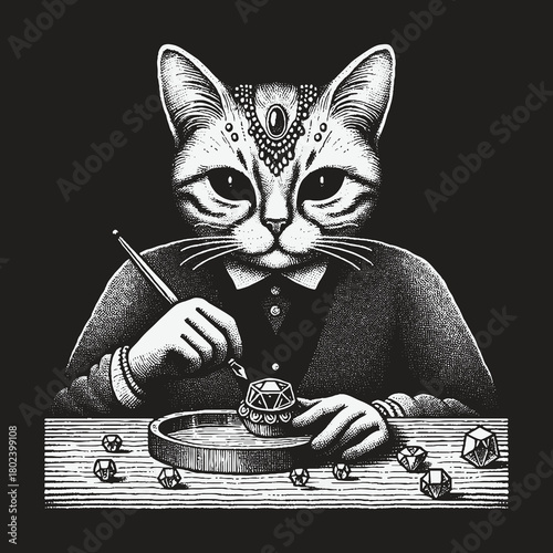 An anthropomorphic cat jeweler meticulously crafting a precious diamond.