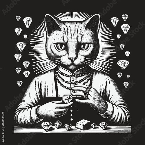 An anthropomorphic cat jeweler meticulously inspects a brilliant diamond.