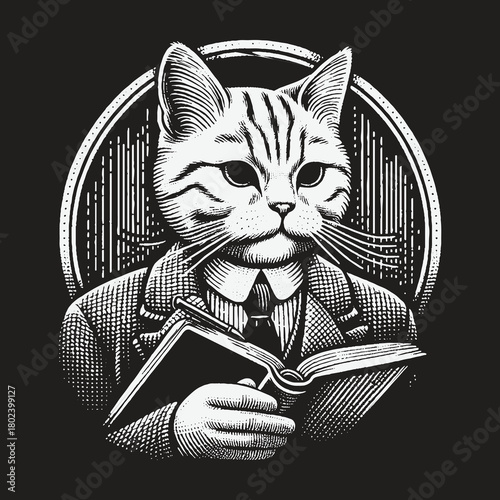 An Intellectual Cat in a Suit Reading a Book Illustration.