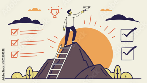 Man standing on mountain cliff with floating 2D symbols of courage, ambition and practical steps toward real success