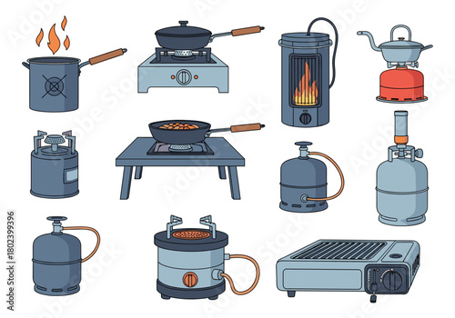 Collection of various camping stoves and cooking equipment in a flat design style.