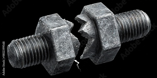 Broken metal bolt split in half revealing jagged edges and a crack