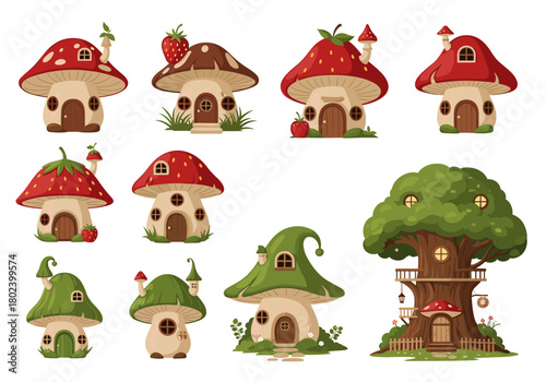 Collection of whimsical mushroom and treehouses with fairy tale charm.