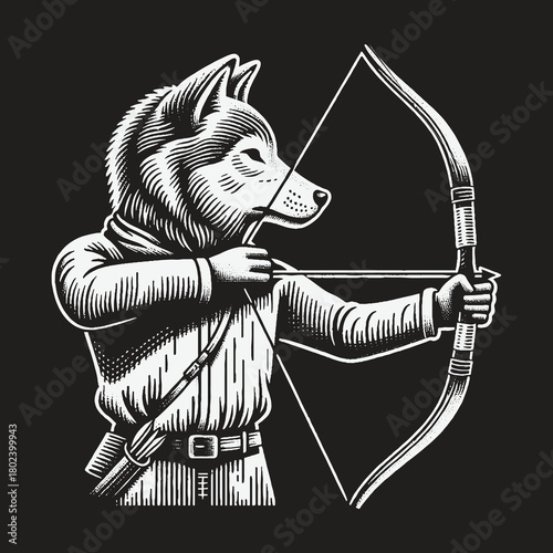 An anthropomorphic wolf archer character aiming a longbow.