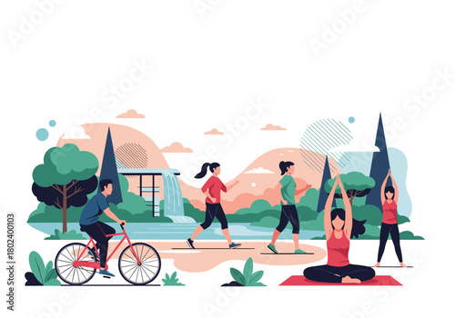 People engage in various outdoor activities like cycling, running, and yoga in a park setting.