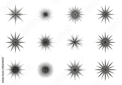 Collection of twelve stylized dark starburst or burst graphics on a white background.