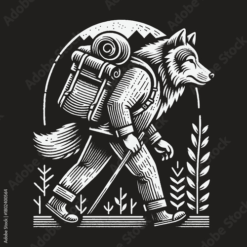 Anthropomorphic Wolf Character Hiking in the Wilderness Illustration.