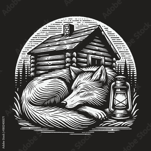 Vintage Engraving of a Sleeping Fox by a Rustic Log Cabin.