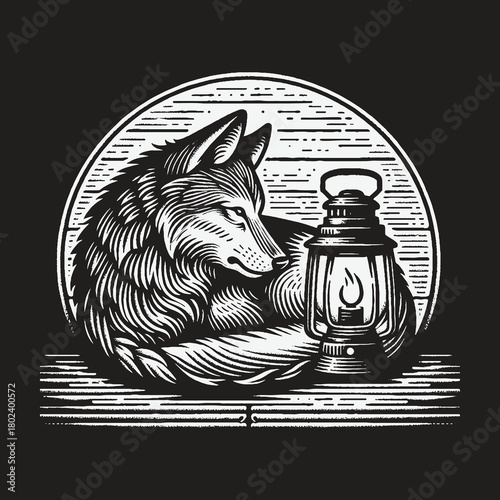 A wild wolf resting peacefully beside a glowing lantern.