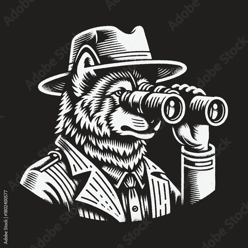 Wolf Detective in a Fedora and Trench Coat with Binoculars.