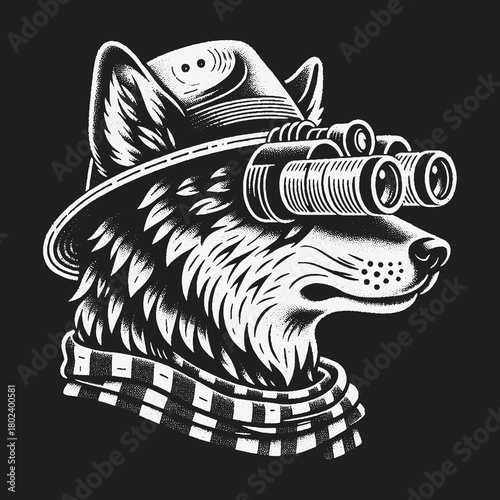 Monochrome Wolf Character Looking Through Binoculars.