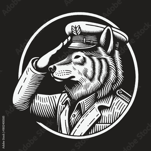 Vintage Illustration of a Wolf Soldier Saluting in Uniform.