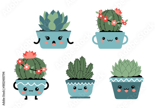 Cute cartoon potted cacti and succulents with happy faces and blushing cheeks.