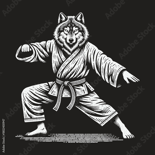 Monochrome Vector Illustration of a Wolf in a Karate Stance.
