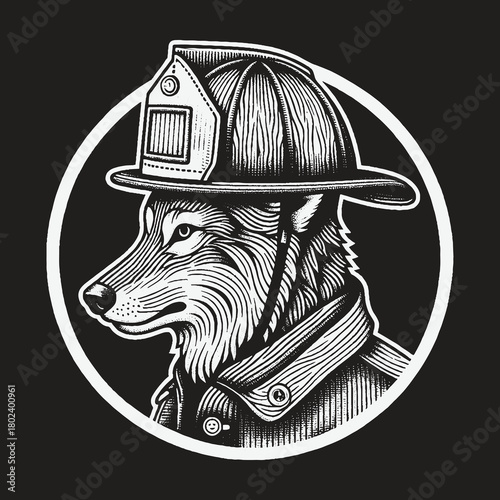 Brave Wolf Firefighter in Uniform Black and White Illustration.