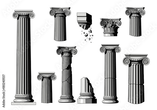 Collection of ancient Greek and Roman architectural column styles with decorative elements and broken pieces.
