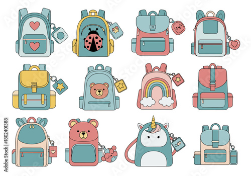 Collection of cute and colorful cartoon backpacks for school or play, featuring fun designs like ladybugs, bears, and unicorns.