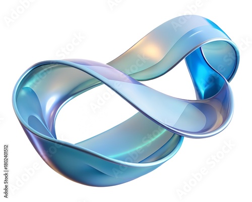 Iridescent m bius strip sculpture with fluid light reflections on a white background
