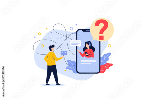 Customer service agent on smartphone answering a question mark for user support.