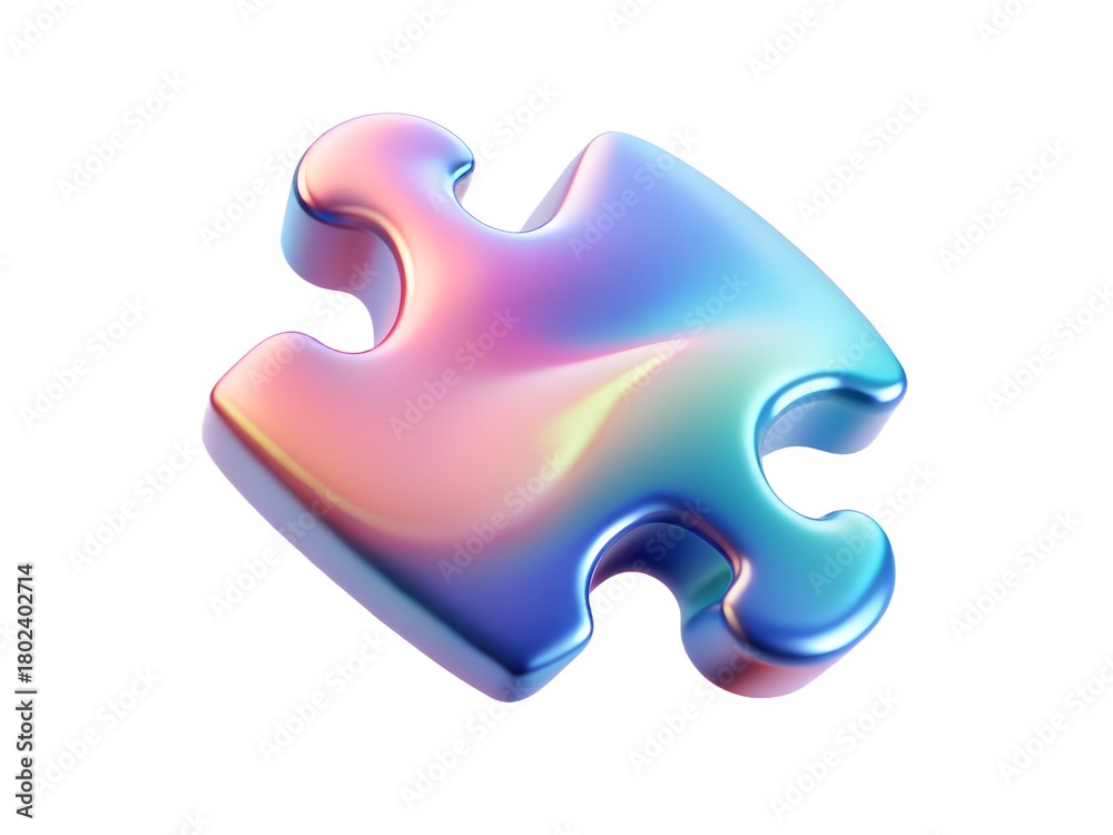 Obraz premium Iridescent holographic puzzle piece with smooth curves and soft gradient colors on white background