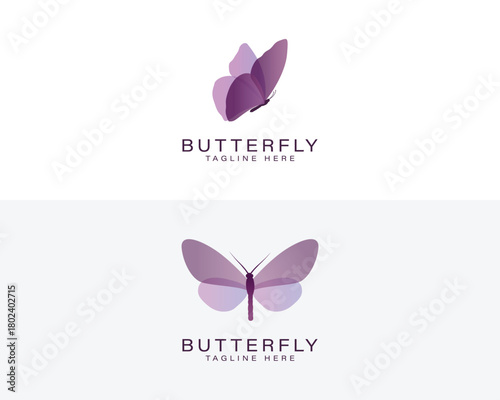 Two purple gradient butterfly logos with text placeholders insect
