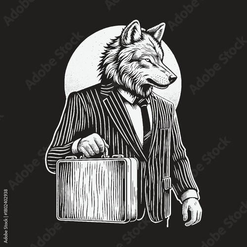 Monochrome Illustration of a Wolf Businessman in a Pinstripe Suit.