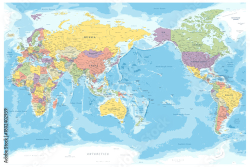 Vector world map Pacific View. Colorful political map showing countries in bright tones with borders, capitals, and major cities labeled.