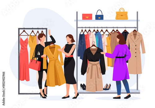 Women shopping for dresses and coats on racks in a stylish boutique store.