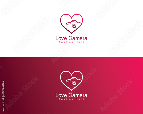 Heart shaped camera logo with text Love Camera and tagline photography