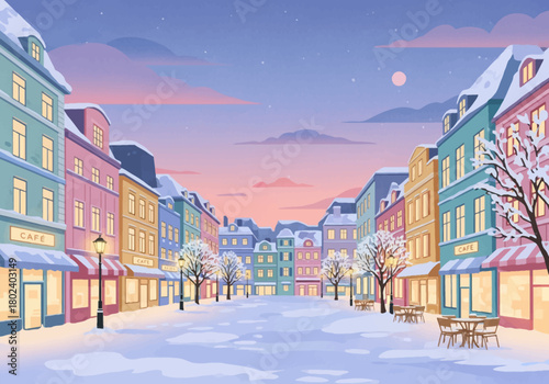 Pastel winter city square with Christmas shops soft-flat semi-realistic festive holiday vector illustration