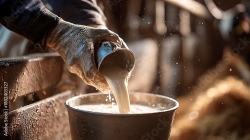 A farmer in gloves gently milks a cow by hand, with fresh milk flowing into a metal pail in a traditional barn setting.