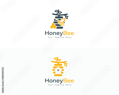 Two stylized bee hive logos with text Honey Bee and tagline insect nature