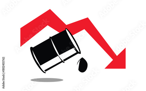 Downward red arrow pointing at oil barrel showing falling oil prices