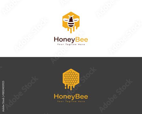 Yellow hexagon with bee and dripping honey logo on white and gray backgrounds brown
