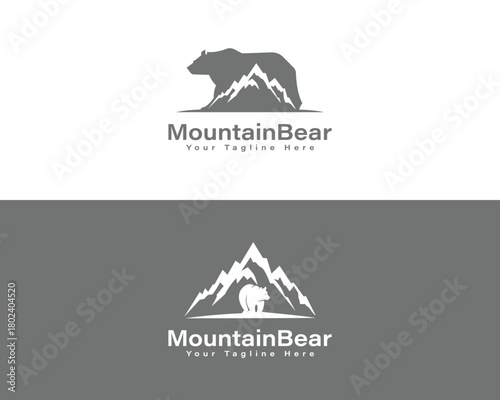 Silhouette bear standing on mountain peak with text below nature