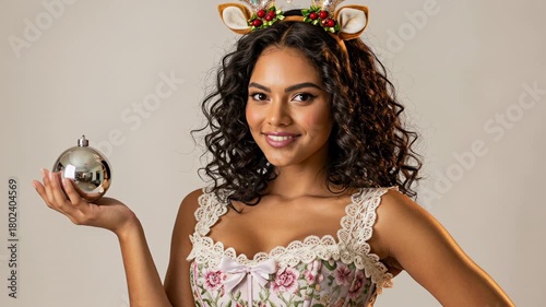 A beautiful woman in a festive Christmas outfit with reindeer antlers holds a silver ornament. Portrait of a smiling model posing in a studio with bokeh lights. Holiday celebration concept