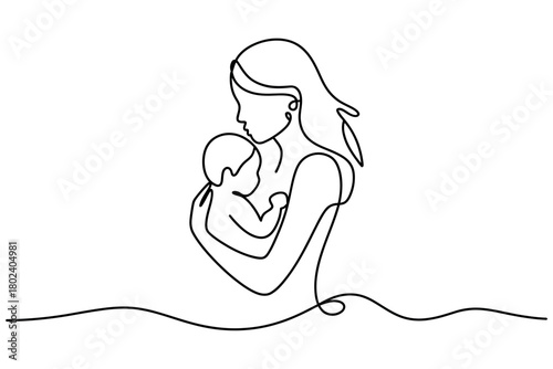 Continuous line art illustration of a mother holding her baby tenderly, symbolizing unconditional love and family.