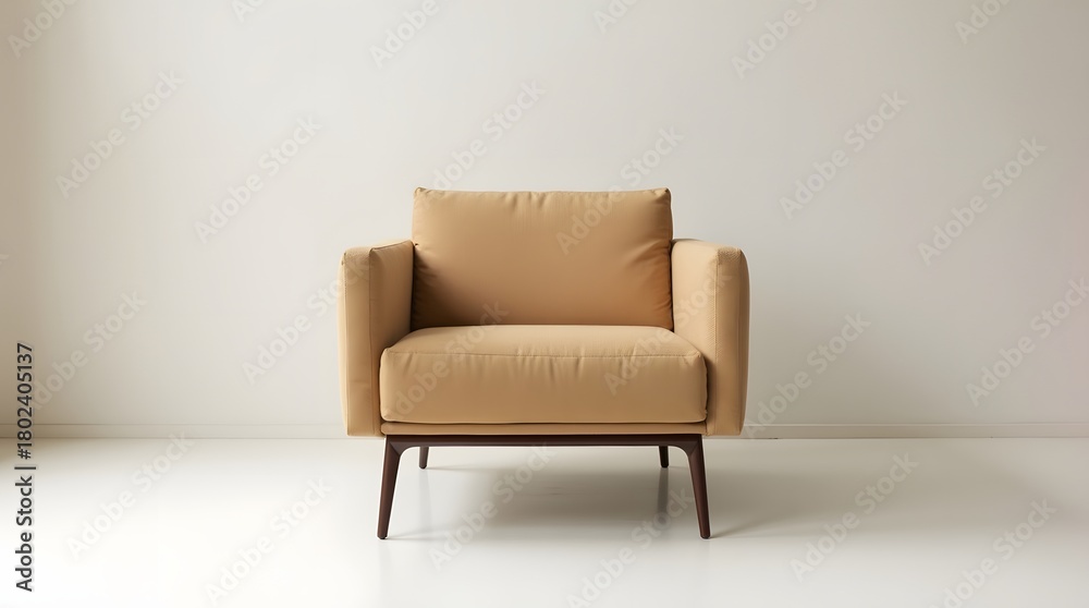 Fototapeta premium Modern beige armchair with wooden legs, designed for minimalistic interiors.