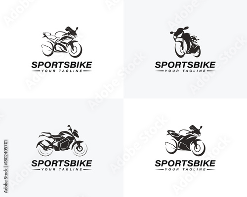 Four black sportbike motorcycle logos with text placeholders graphic
