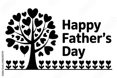 A heartwarming illustration celebrates Father's Day with a tree full of heart-shaped leaves and blooming flowers.