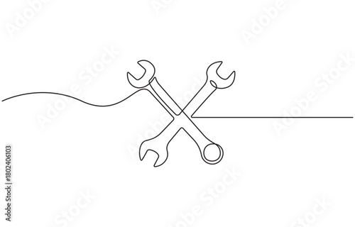 Continuous one line drawing of Mechanical wrenches, adjustable wrench single line art vector illustration.