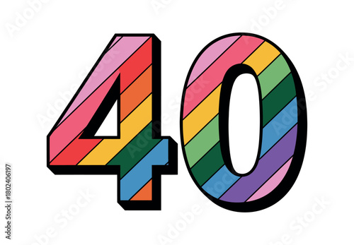 A bold rainbow-colored number 40 is presented against a white background, signifying celebration and milestones.