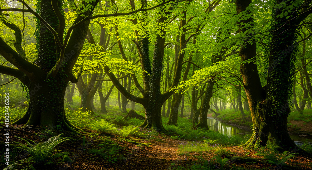 Obraz premium Enchanting Forest Trail Sunlight Through the Canopy in a Verdant Wood