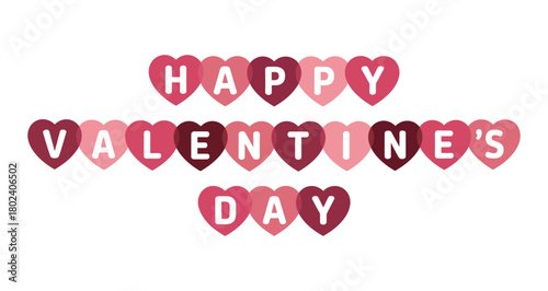 Happy Valentine's Day message spelled out with heart shapes on a white background.