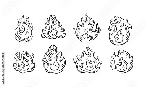 Dynamic sketch-style flames set, featuring fluid lines and sharp flame cones minimalist vector art for a vivid, energetic accent.