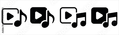 Listen to Your Favorite Music Videos Streaming Online Now, Modern Music Note and Media Player Icon Set for Entertainment and Creative Projects.