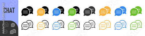 Message Chat speech bubble icon set in different styles, colorful set of vector icons styles representing online messaging, conversation, chat, dialogue, communication, FAQ, and support. for app UI